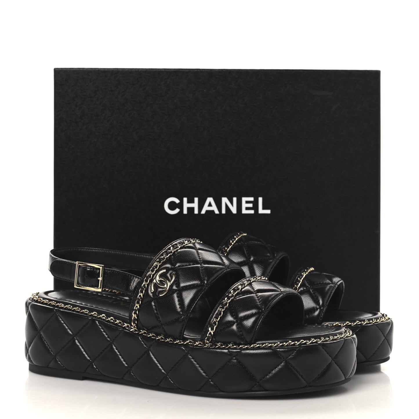 Shiny Lambskin Quilted Chain Around CC Platform Sandals 39 Black