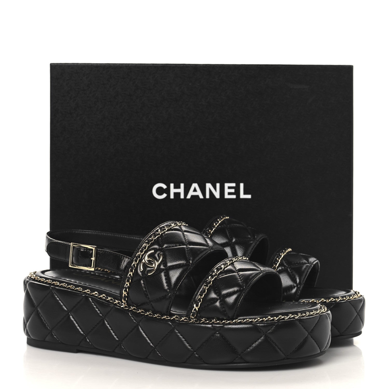 Chanel Shiny Lambskin Quilted Chain Around CC Platform Sandals 39 Black 10 of 10