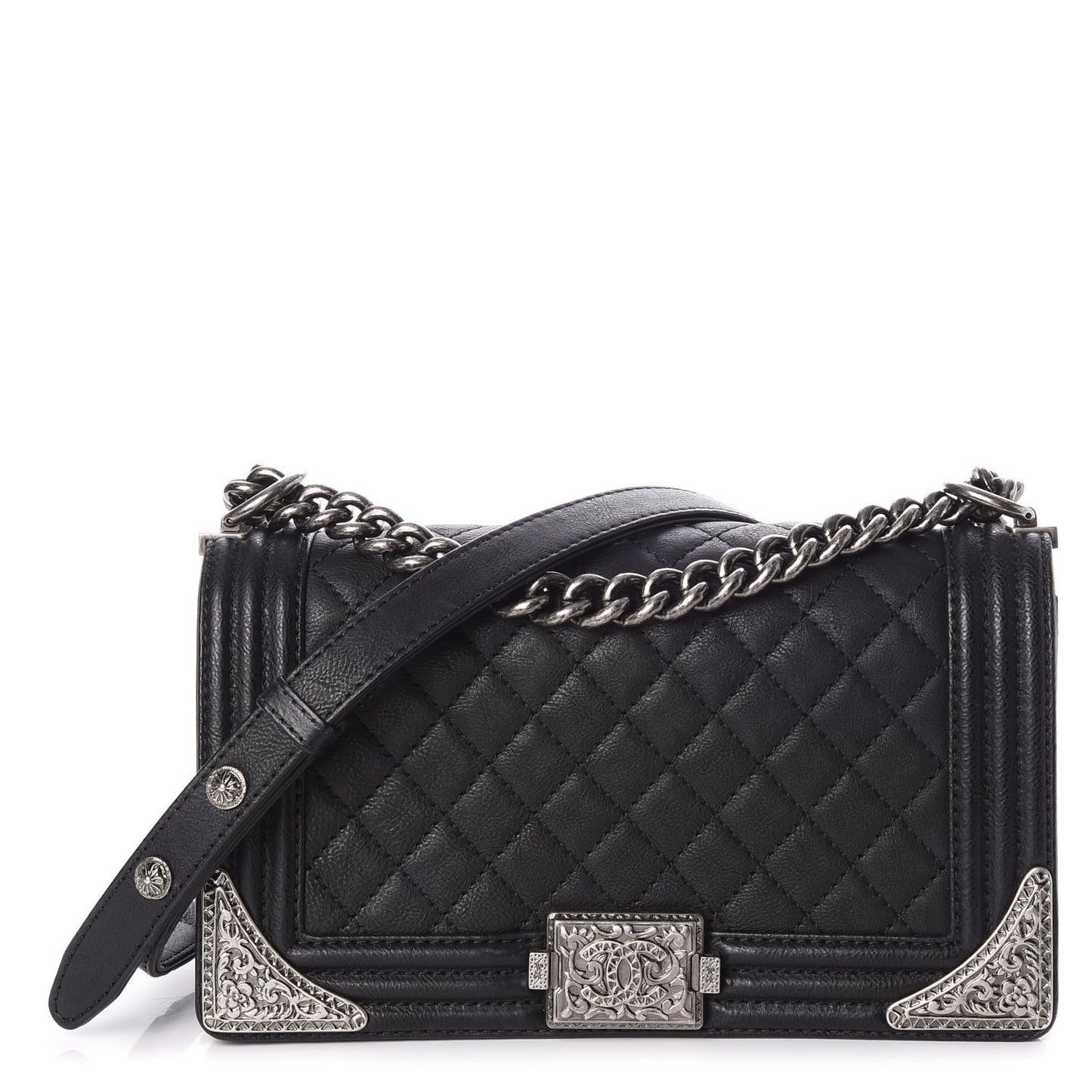 Calfskin Quilted Metal Embellished Paris Dallas Medium Boy Flap Black