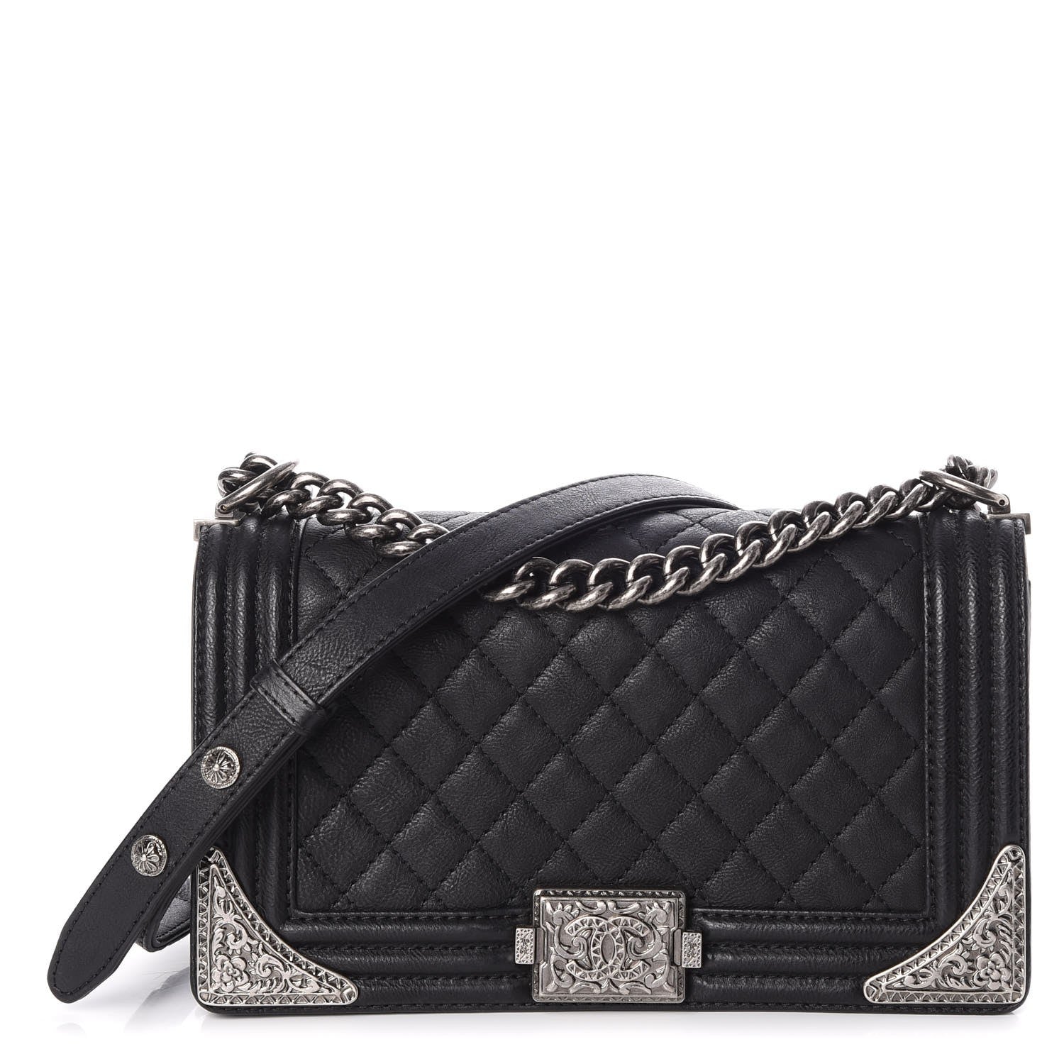 Chanel Calfskin Quilted Metal Embellished Paris Dallas Medium Boy Flap Black 1 of 11