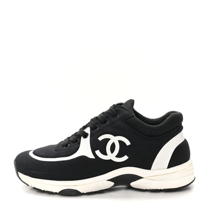 Chanel Nylon Suede Calfskin Womens CC Sneakers 37 Black White 1 of 10