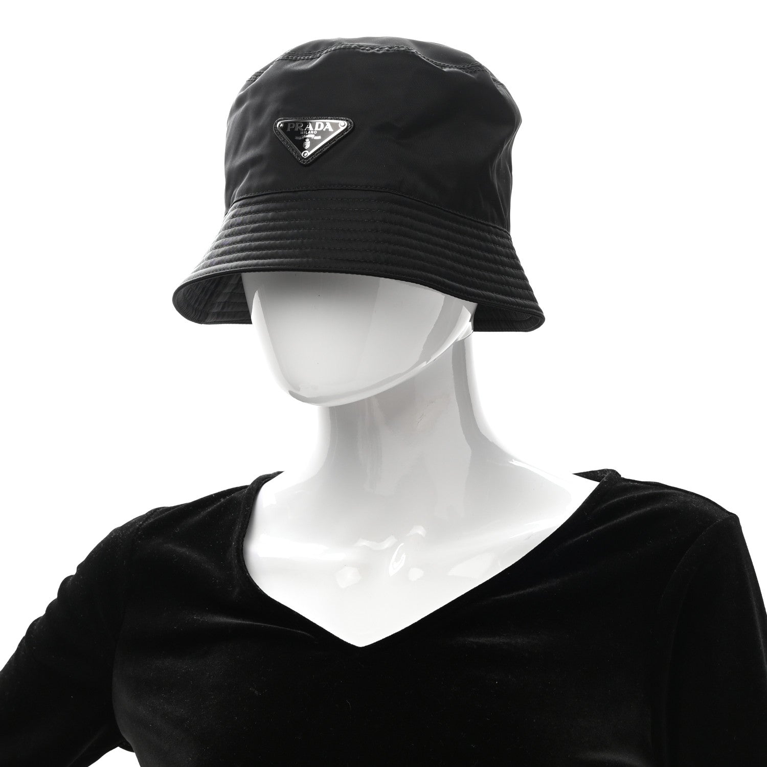 Prada Re-Nylon Metal Triangle Logo Womens Bucket Hat S Black 2 of 8