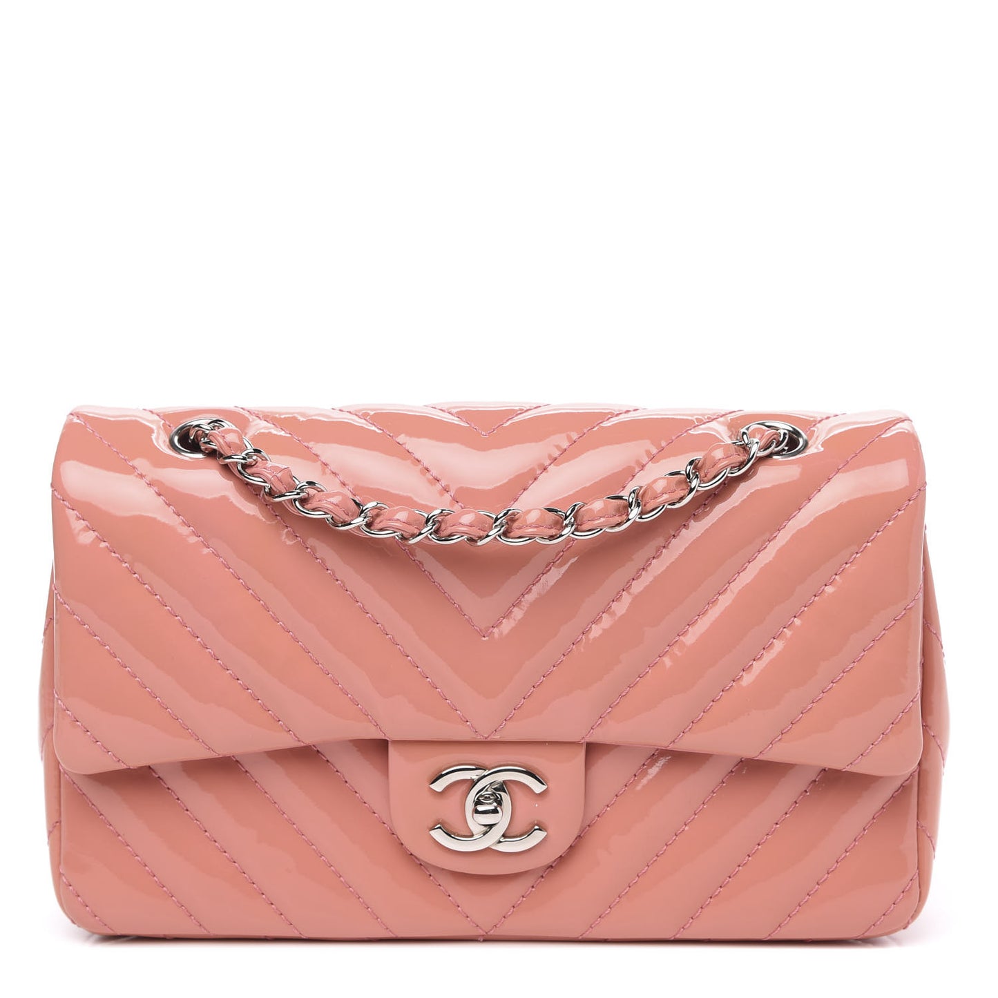 Patent Chevron Quilted Medium Single Flap Pink