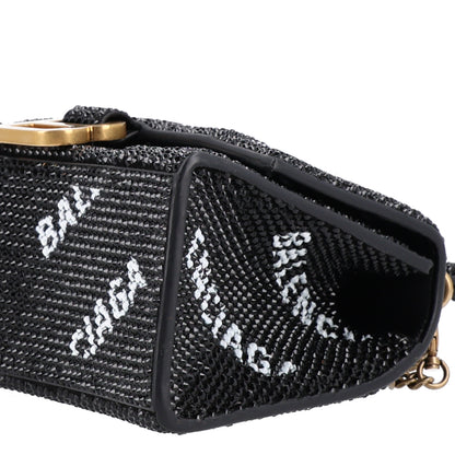 Balenciaga Strass Suede Allover Logo Hourglass Top Handle Bag XS with Chain Black White 10 of 10