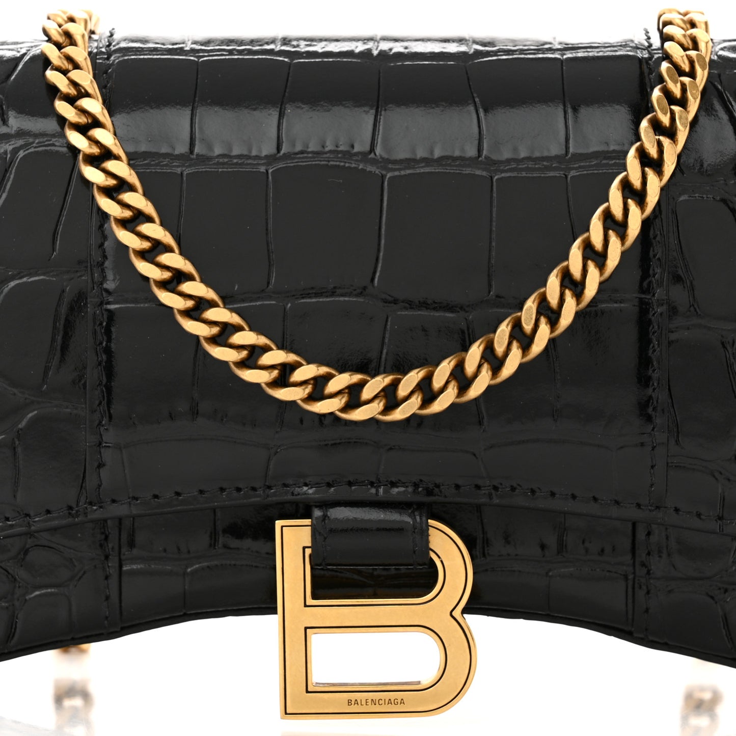 Shiny Calfskin Crocodile Embossed Hourglass Chain Bag Black