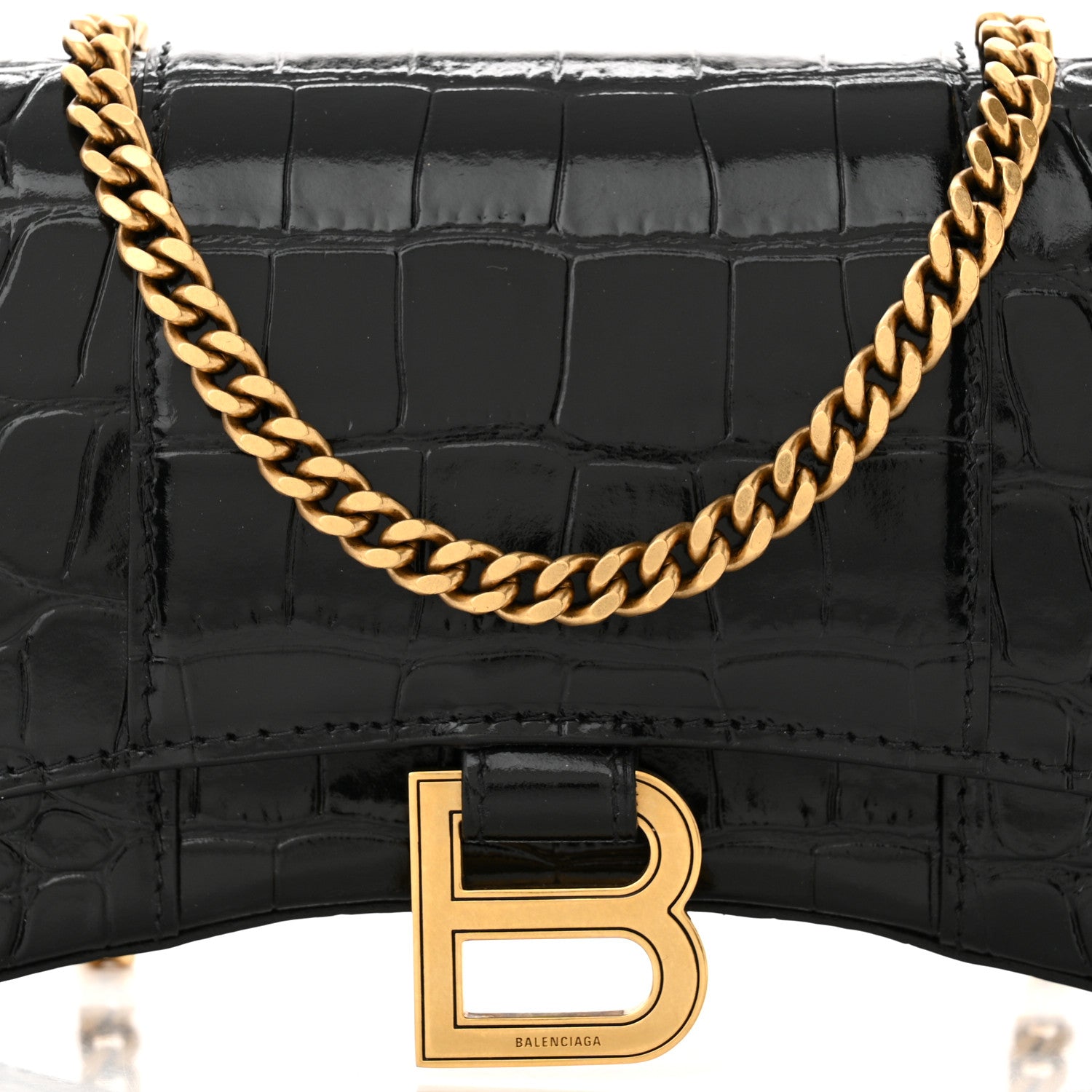 Balenciaga Shiny Calfskin Crocodile Embossed Hourglass Chain Bag Black 7 of 10
