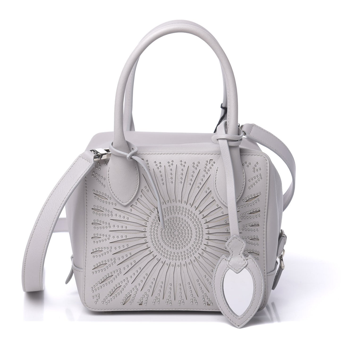 Calfskin Lux Laser Cut Studded Small Elga Top Handle Bag Grey