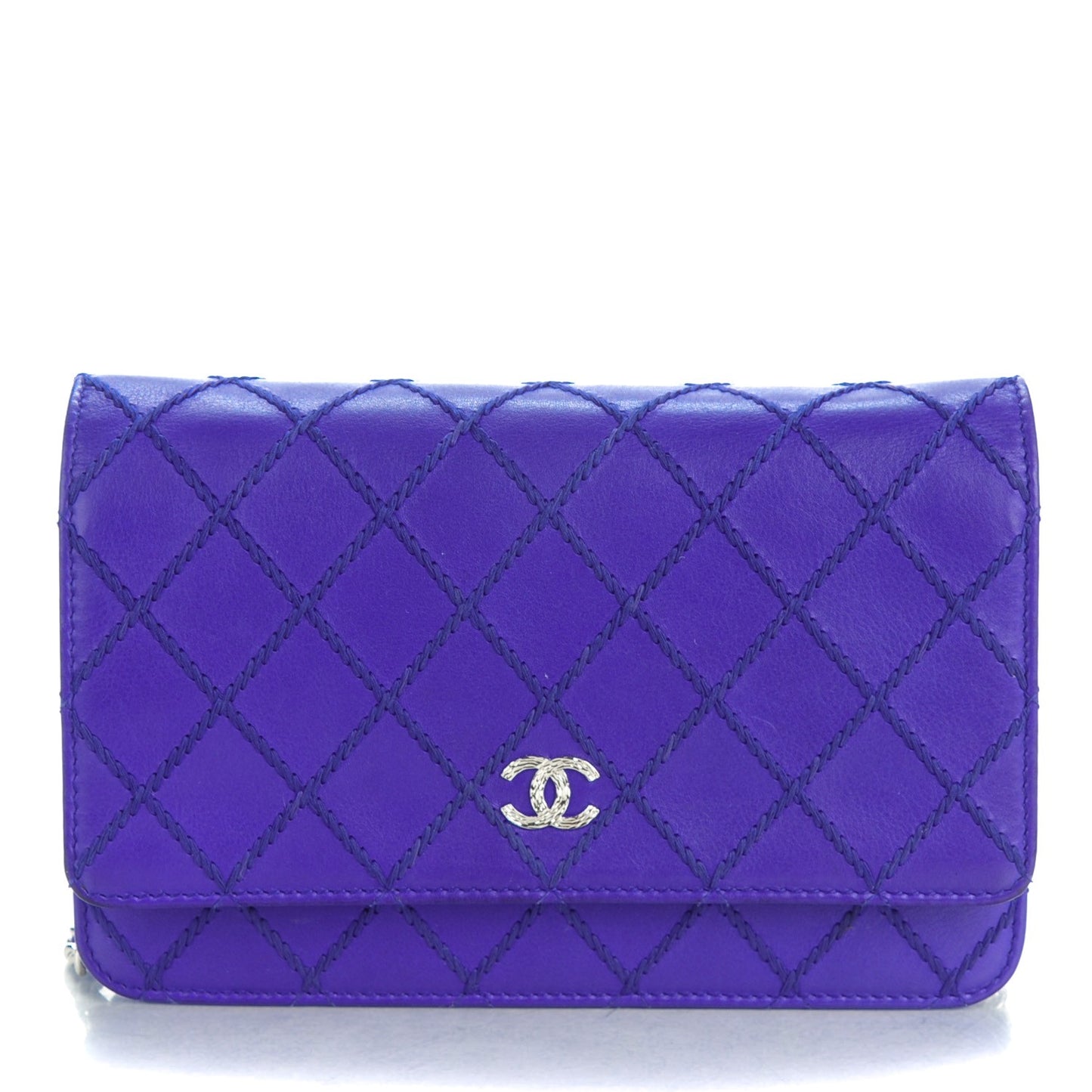 Calfskin Quilted Fancy CC Wallet On Chain WOC Blue
