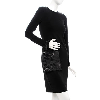 Prada Calfskin Crocodile Embossed Small Tote Nero Black 2 of 7