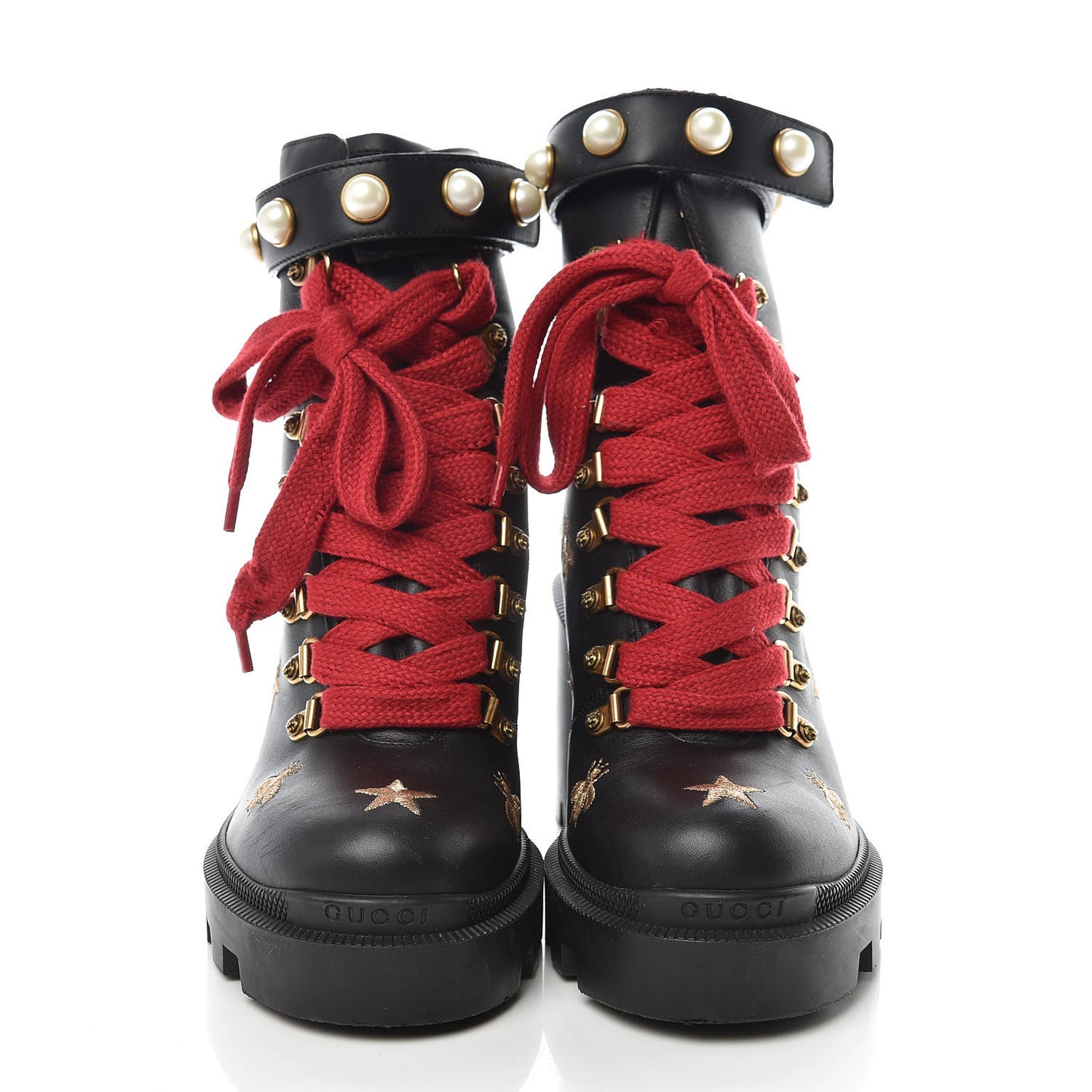 Calfskin Embroidered Lace Up Combat Ankle Boots 36.5 Black