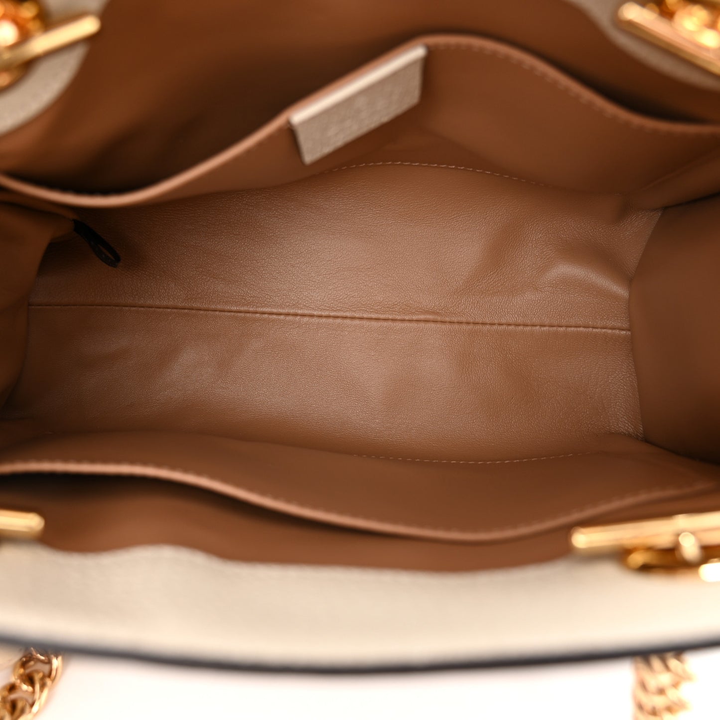 GG Supreme Monogram Berry Textured Dollar Calfskin Small Padlock Tote Beige Ebony Light Copper Mystic White