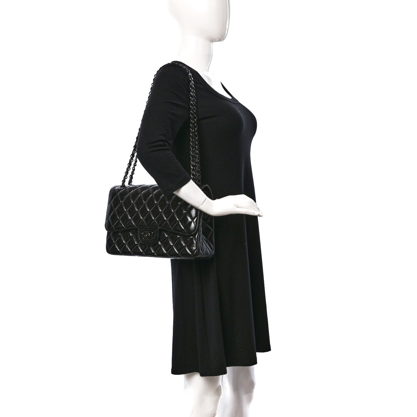 Shiny Distressed Calfskin Quilted Jumbo Double Flap So Black