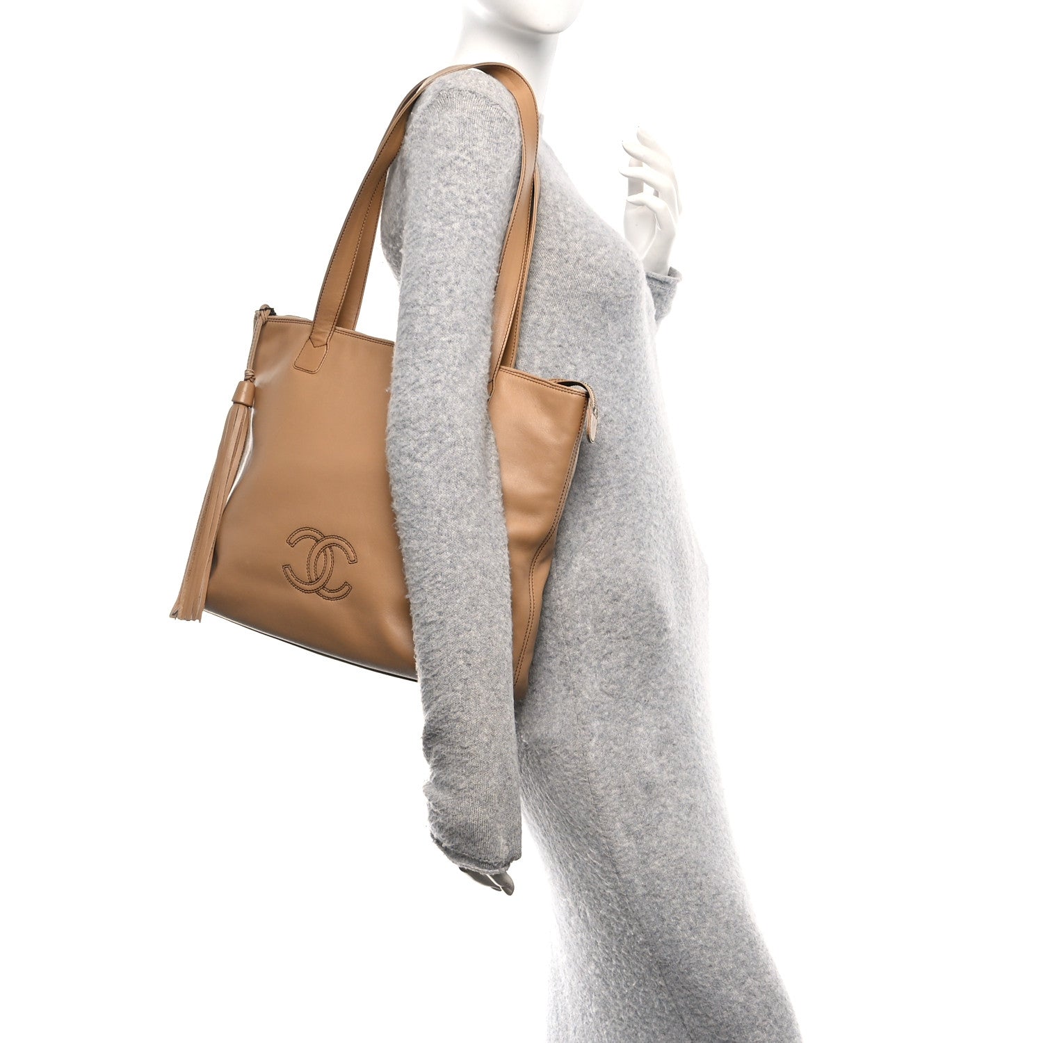 Chanel Calfskin CC Tassel Shopping Tote Beige 2 of 10
