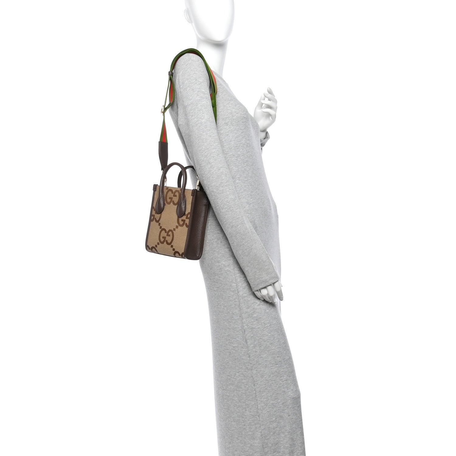 Gucci Monogram Jumbo GG Textured Dollar Calfskin Web Mini Vertical Tote Camel Ebony New Acero 2 of 10