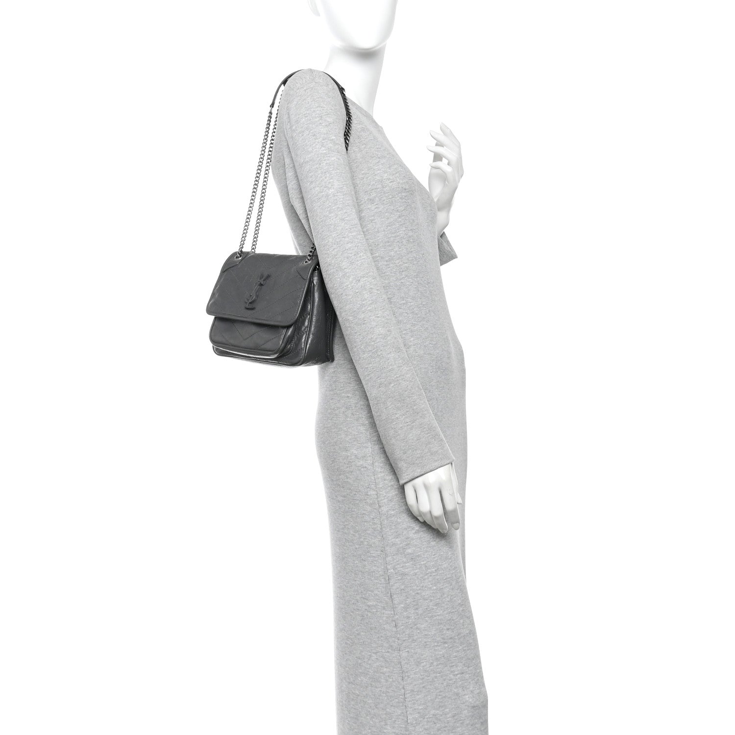 Saint Laurent Crinkled Calfskin Matelasse Monogram Baby Niki Chain Satchel Storm 2 of 12