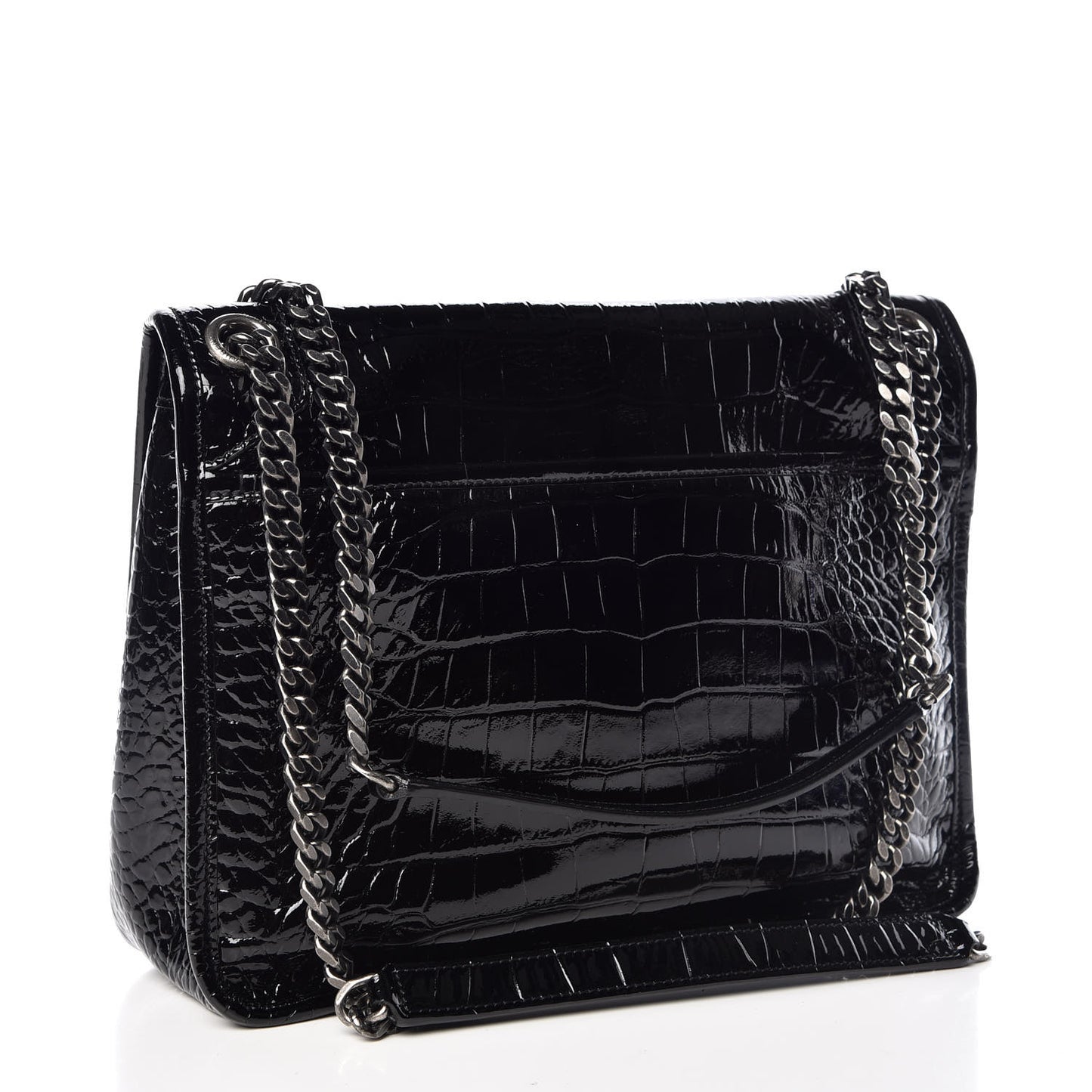 Patent Crocodile Embossed Lambskin Monogram Medium Niki Chain Satchel Black