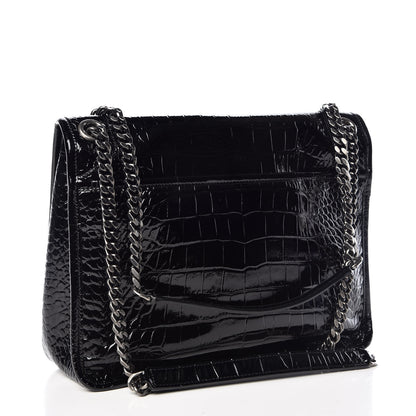 Saint Laurent Patent Crocodile Embossed Lambskin Monogram Medium Niki Chain Satchel Black 3 of 10