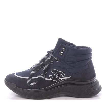 Chanel Fabric Calfskin Suede Womens CC Sneakers 37 Navy 1 of 9