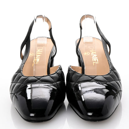 Chanel Lambskin Patent Calfskin Quilted Cap Toe CC Slingback Pumps 37.5 Black 3 of 10