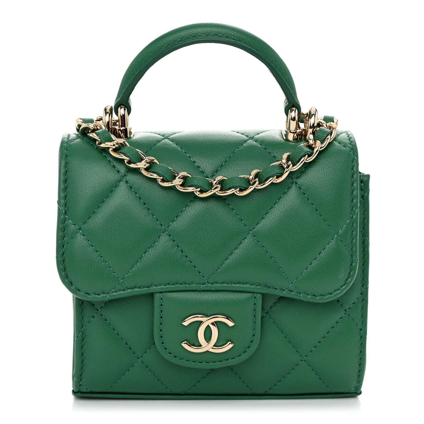 Lambskin Quilted Top Handle Flap Clutch With Chain Green