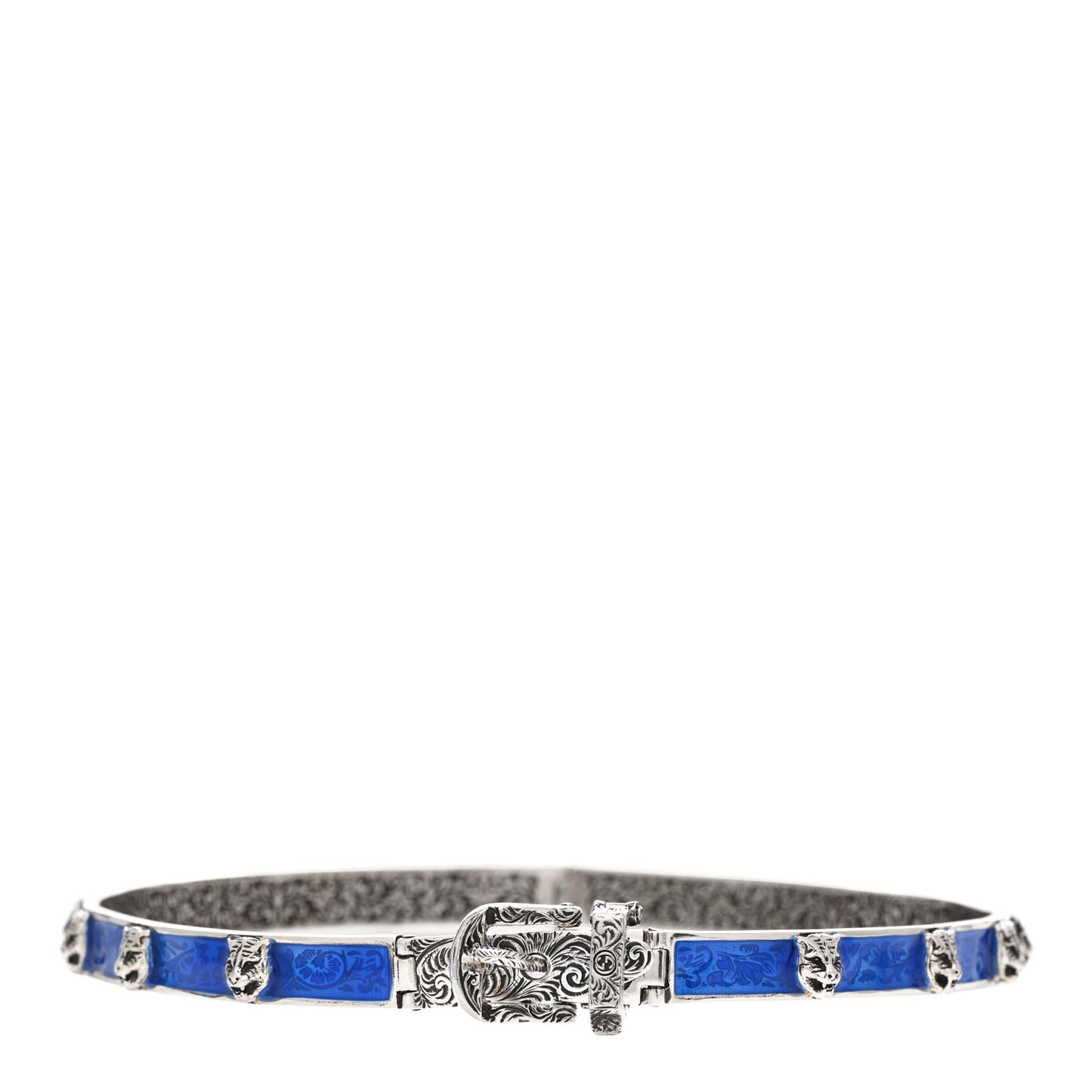 Sterling Silver Enamel Garden Feline Buckle Choker Necklace Blue