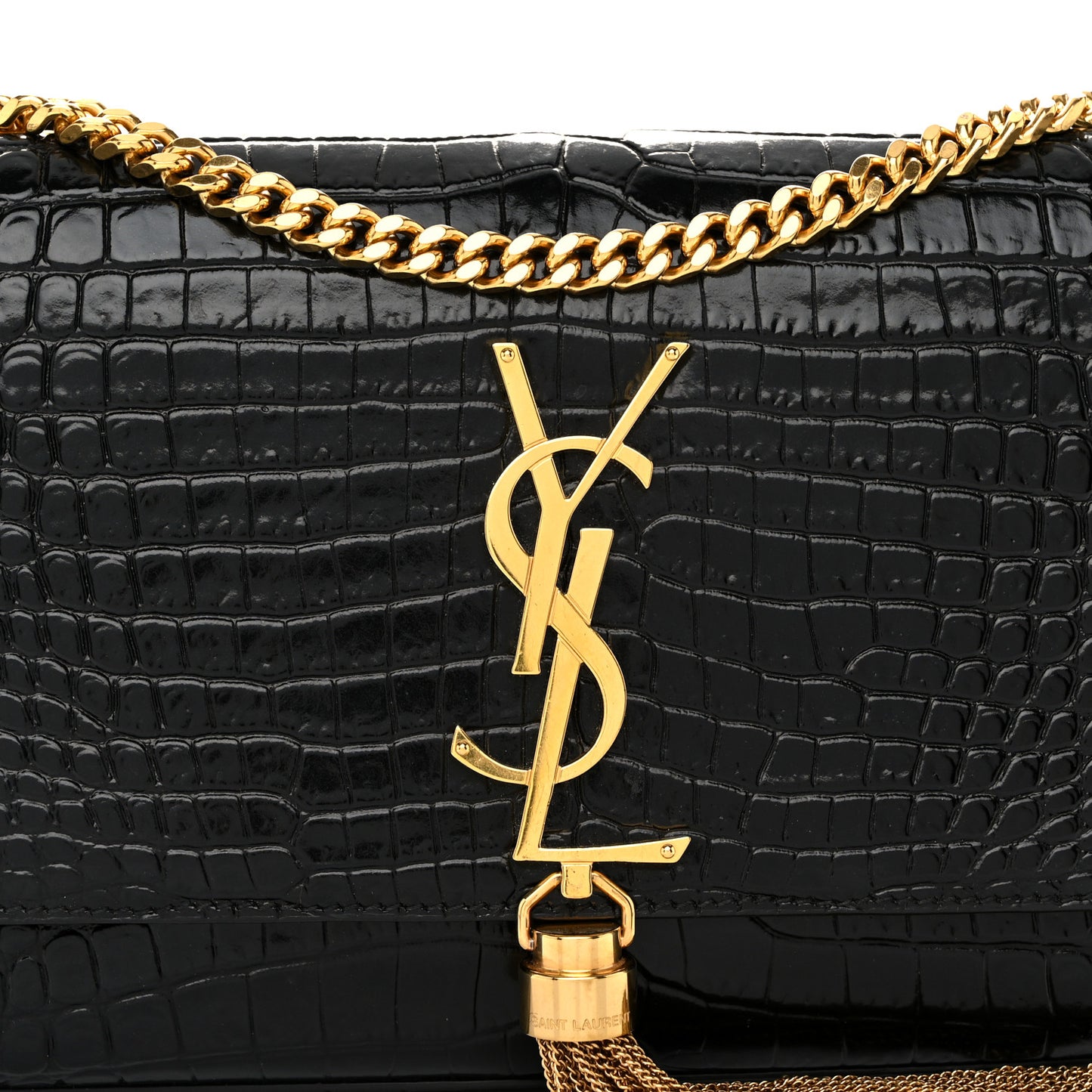 Calfskin Crocodile Embossed Small Classic Monogram Kate Tassel Satchel Black
