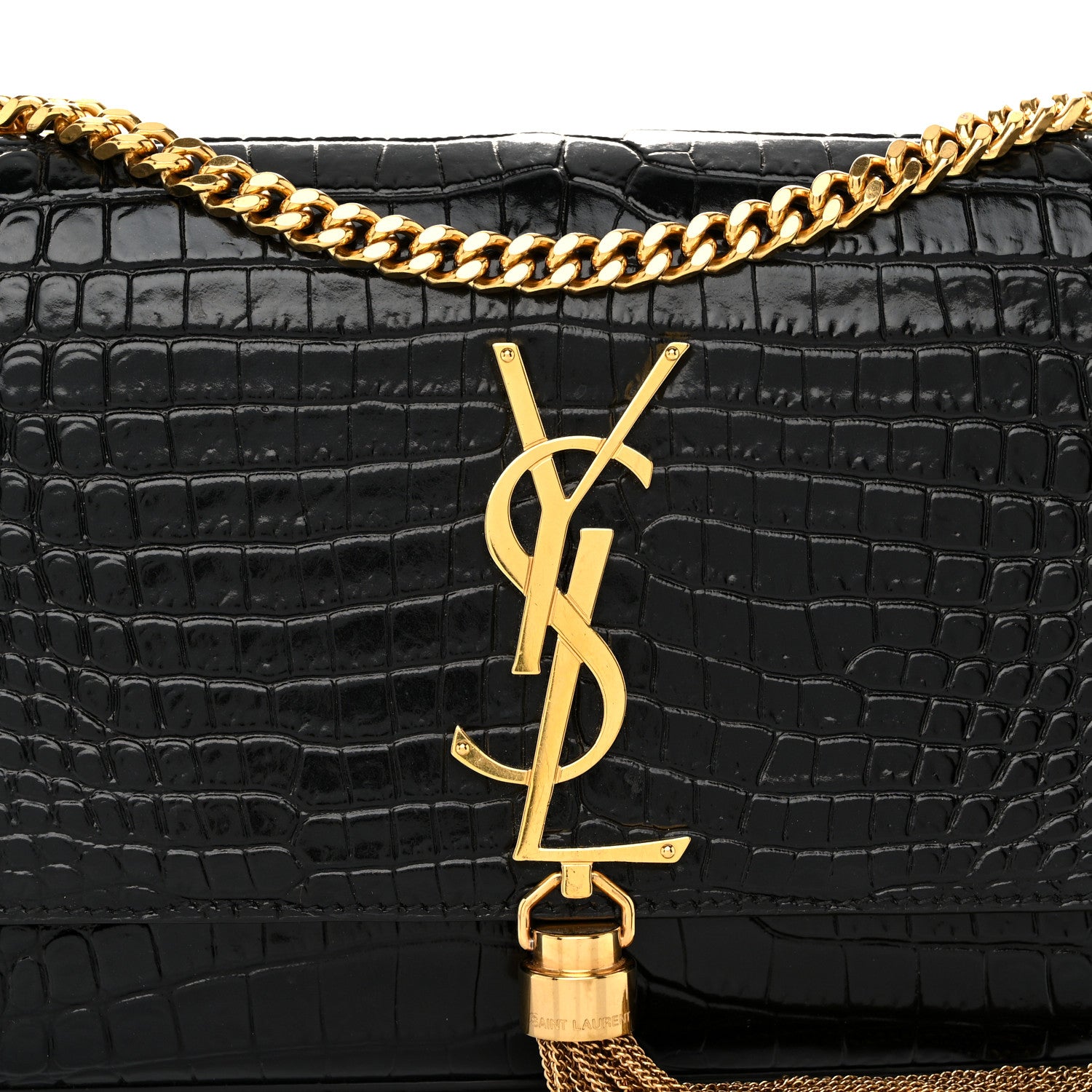 Saint Laurent Calfskin Crocodile Embossed Small Classic Monogram Kate Tassel Satchel Black 7 of 10