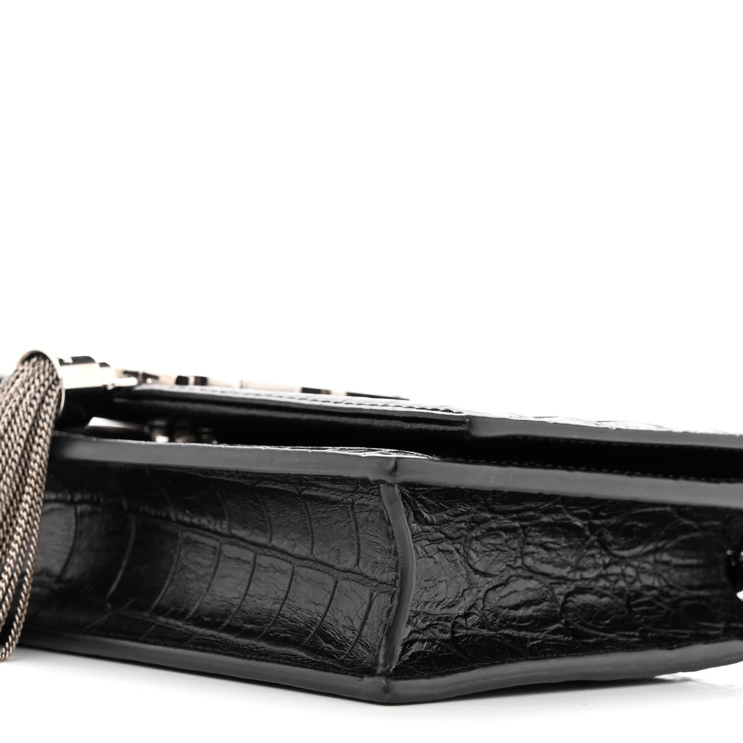 Saint Laurent Calfskin Crocodile Embossed Kate Monogram Tassel Chain Wallet Black 8 of 11