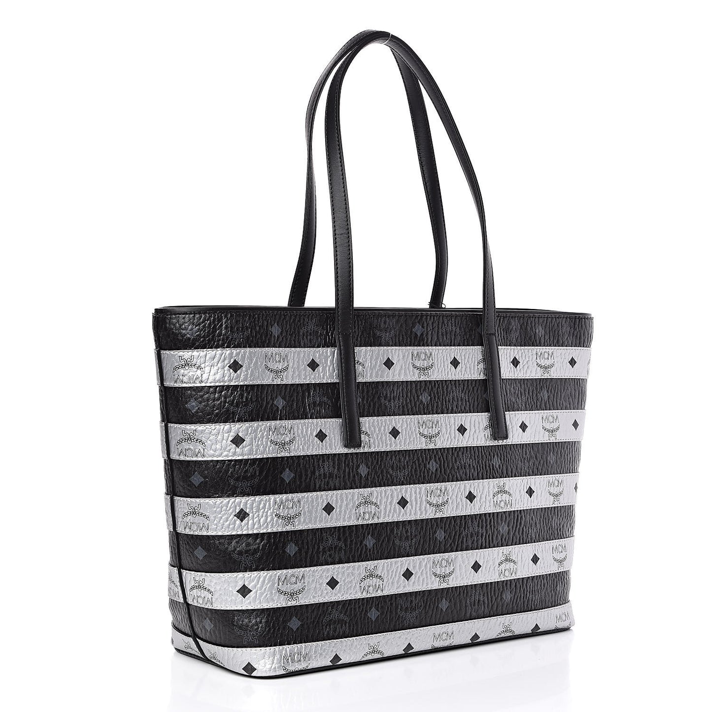 Metallic Visetos Striped Medium Anya Shopper Tote Black Silver