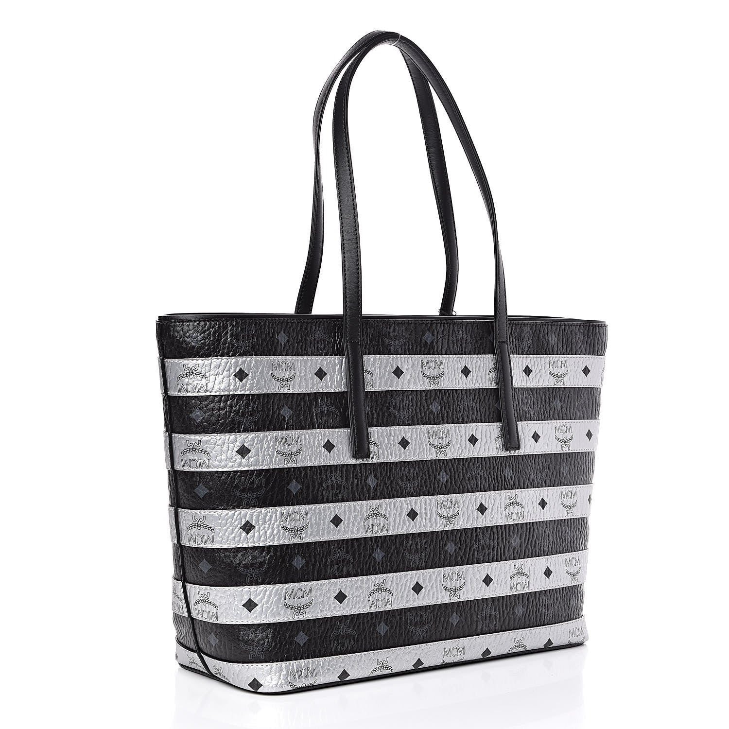 MCM Metallic Visetos Striped Medium Anya Shopper Tote Black Silver 3 of 11