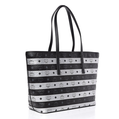 MCM Metallic Visetos Striped Medium Anya Shopper Tote Black Silver 3 of 11