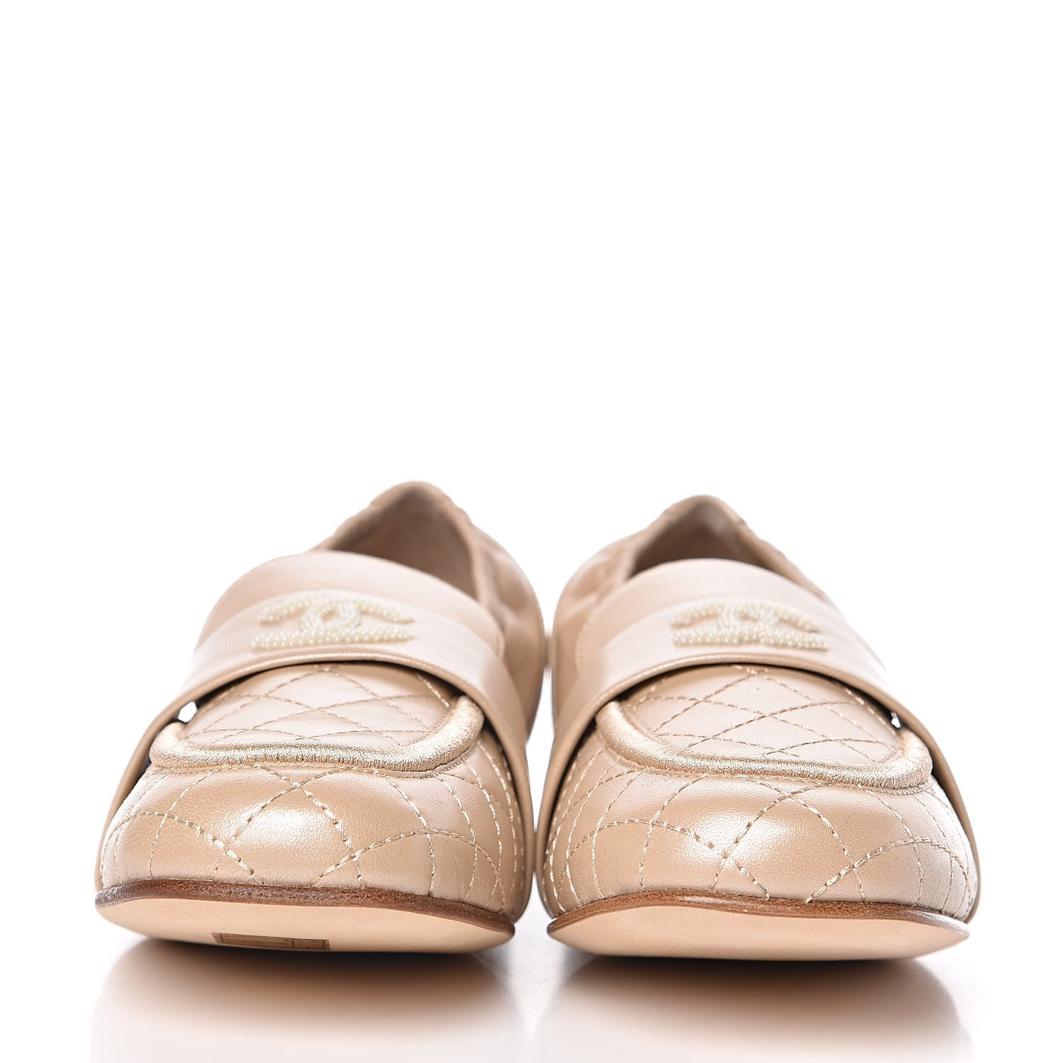 Chanel Laminated Lambskin Womens Quilted Elastic CC Moccasin Loafers 34.5 Beige 2 of 9