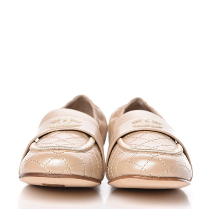 Chanel Laminated Lambskin Womens Quilted Elastic CC Moccasin Loafers 34.5 Beige 2 of 9