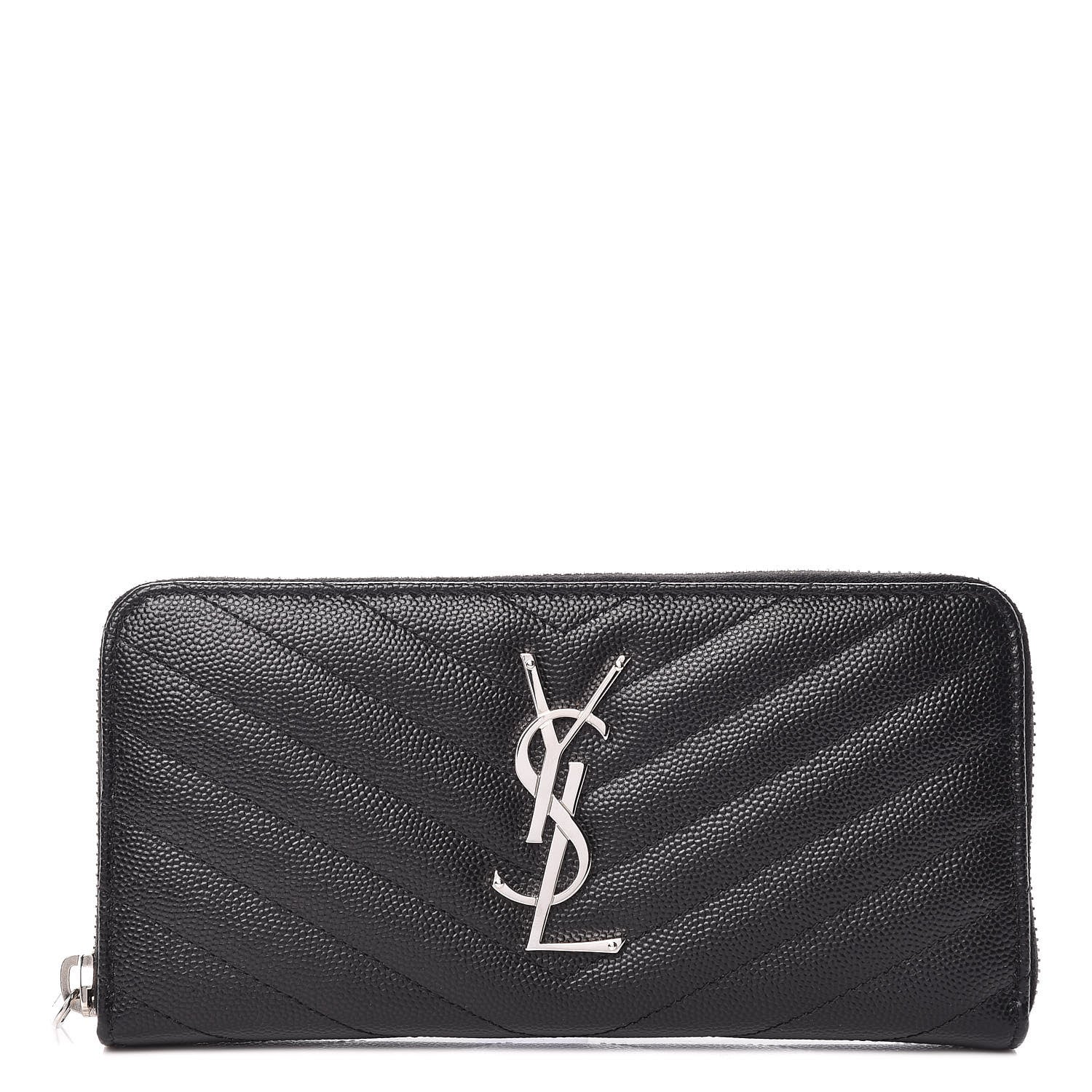 Saint Laurent Grain De Poudre Matelasse Chevron Monogram Zip Around Wallet Black 1 of 7