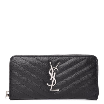 Saint Laurent Grain De Poudre Matelasse Chevron Monogram Zip Around Wallet Black 1 of 7