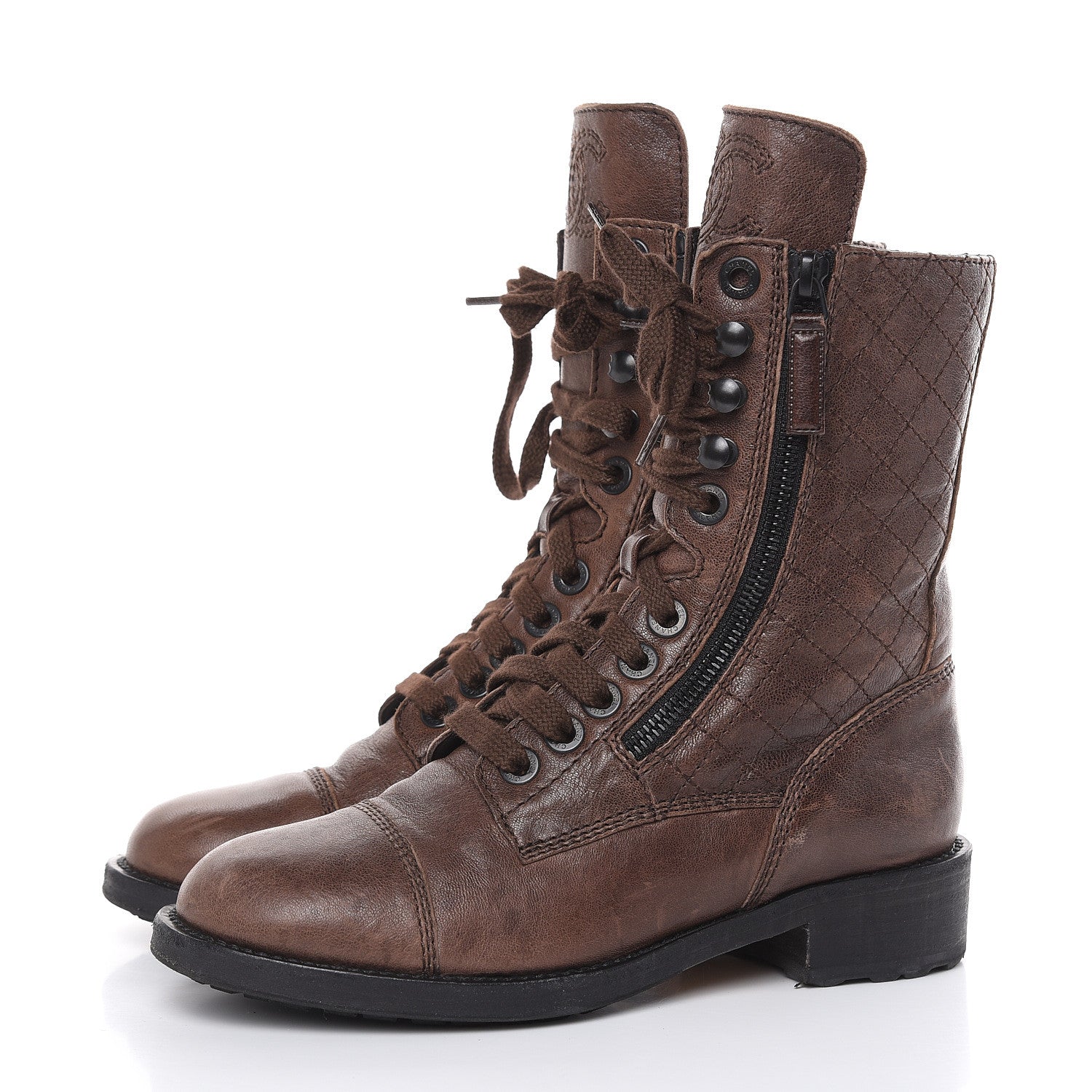 Chanel Sheepskin Quilted CC Tall Lace Up Combat Boots 36 Dark Brown 4 of 14