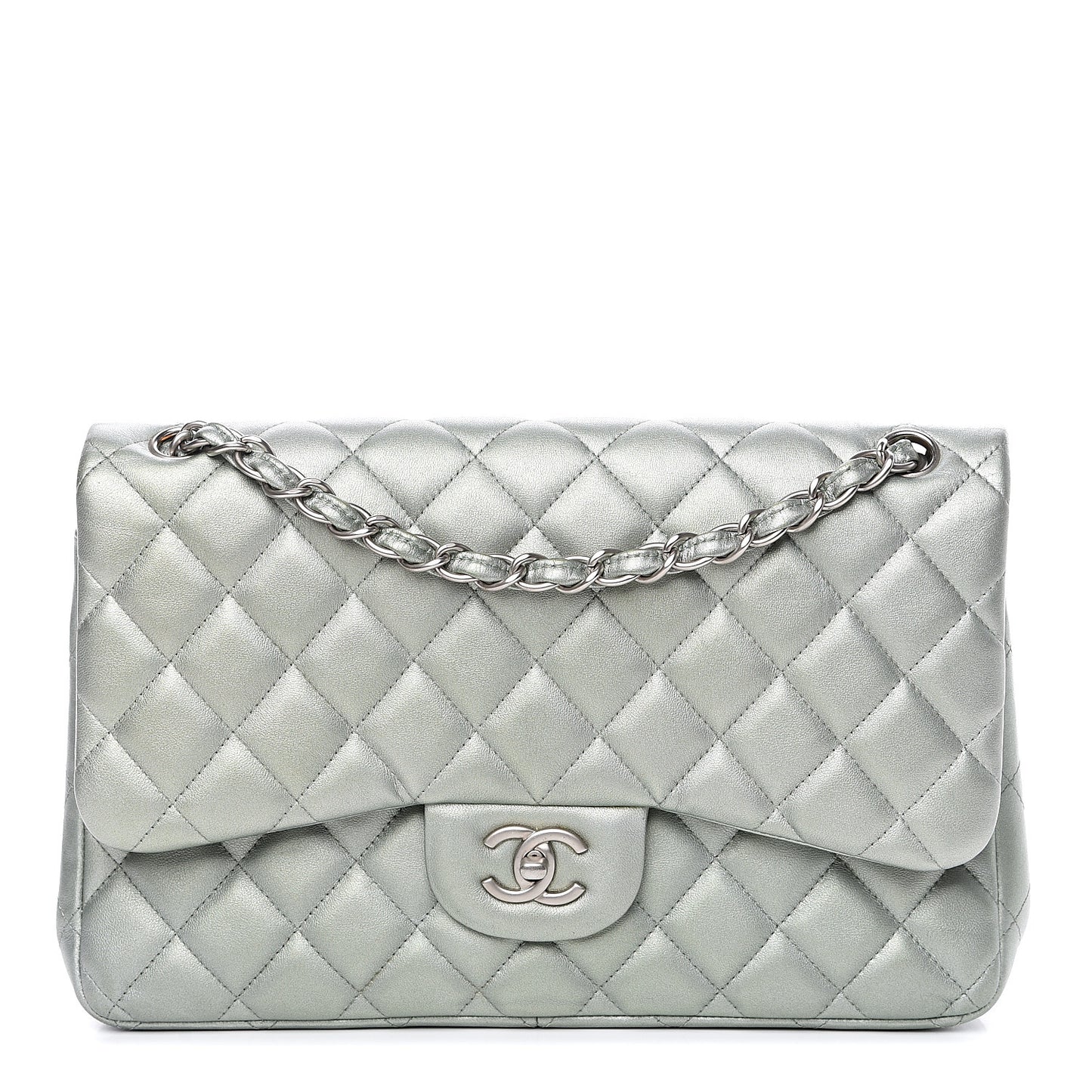 Metallic Lambskin Quilted Jumbo Double Flap Green