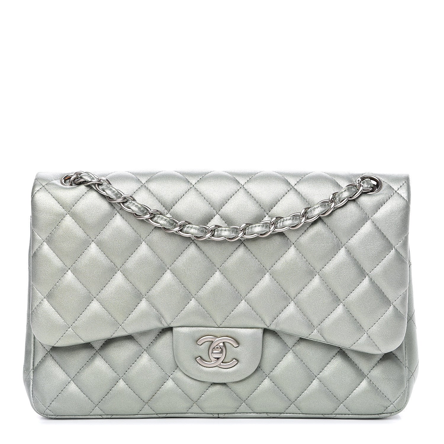 Chanel Metallic Lambskin Quilted Jumbo Double Flap Green 1 of 16