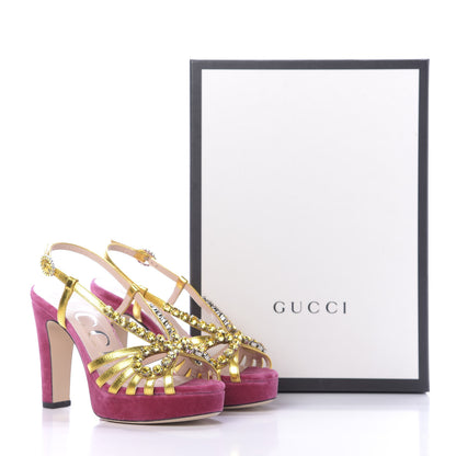Gucci Velvet Nappa Crystal Zephyra Slingback Platform High Heel Sandals 35.5 Pink Gold 11 of 11