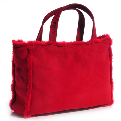Chanel Suede Shearling Fur Handbag Red 3 of 8