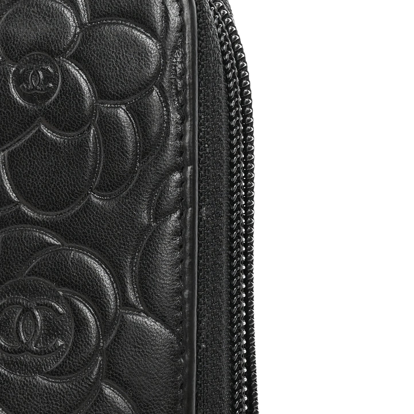 Lambskin Camellia Embossed Zip Around Organizer Wallet Black