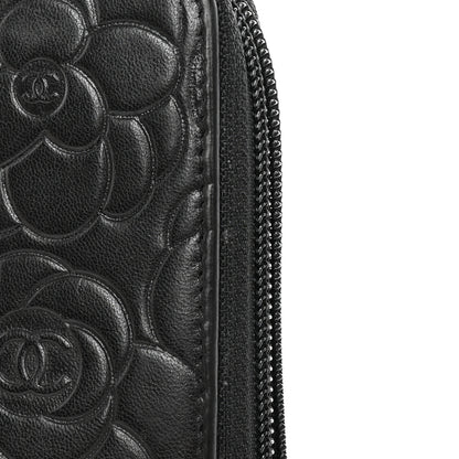 Chanel Lambskin Camellia Embossed Zip Around Organizer Wallet Black 13 of 16