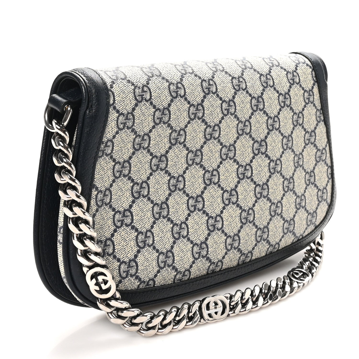 Gucci GG Supreme Monogram Textured Dollar Calfskin Blondie Chain Shoulder Flap Bag Beige Blue 3 of 10