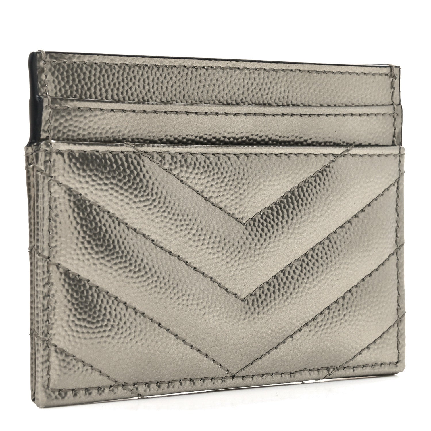 Saint Laurent Metallic Grain De Poudre Matelasse Chevron Monogram Credit Card Case Platino 3 of 7