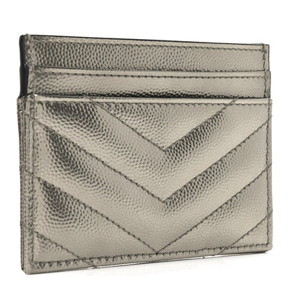 Saint Laurent Metallic Grain De Poudre Matelasse Chevron Monogram Credit Card Case Platino 3 of 7