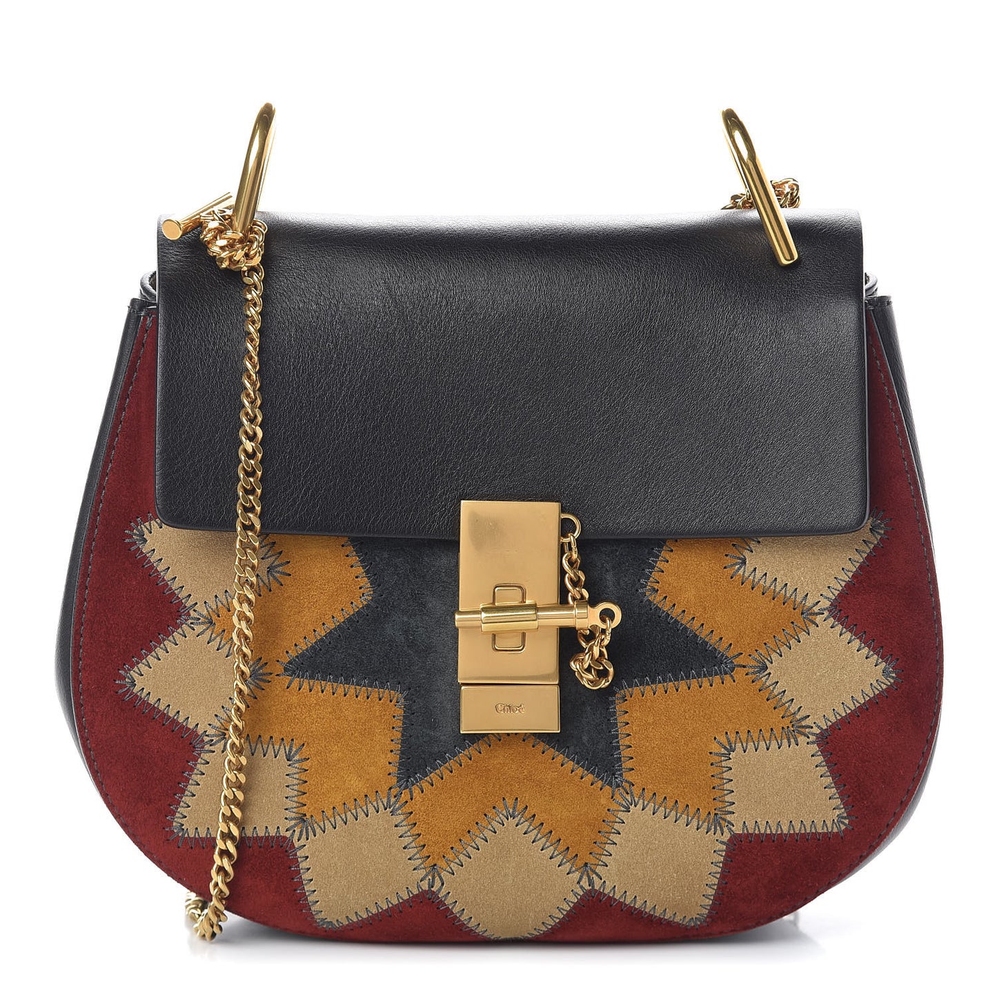 Suede Calfskin Wonder Woman Patchwork Drew Shoulder Bag Black