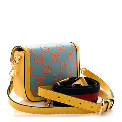 Gucci Azalea Calfskin GG Monogram Bi-Color Debossed Mini Horsebit 1955 Shoulder Bag Dusty Azure Stone Topaz Deep Orange 3 of 10