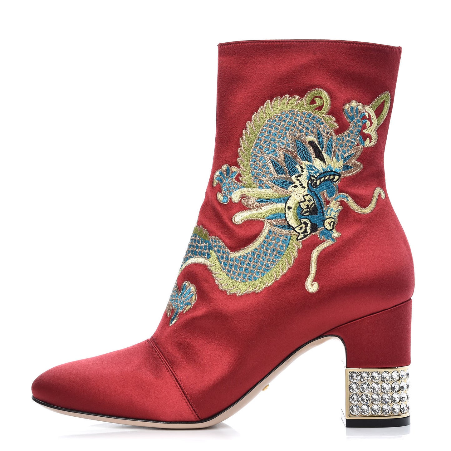 Silk Satin Malaga Kid Embroidered Candy Dragon Block-Heel Ankle Boot 38 Red