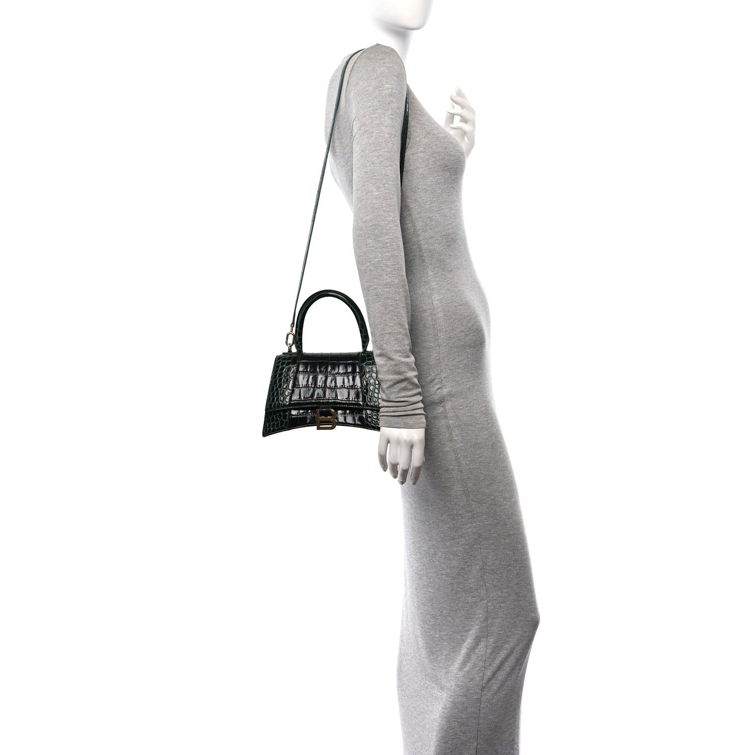 Balenciaga Shiny Calfskin Crocodile Embossed Small Hourglass Top Handle Bag Forest Green 2 of 10