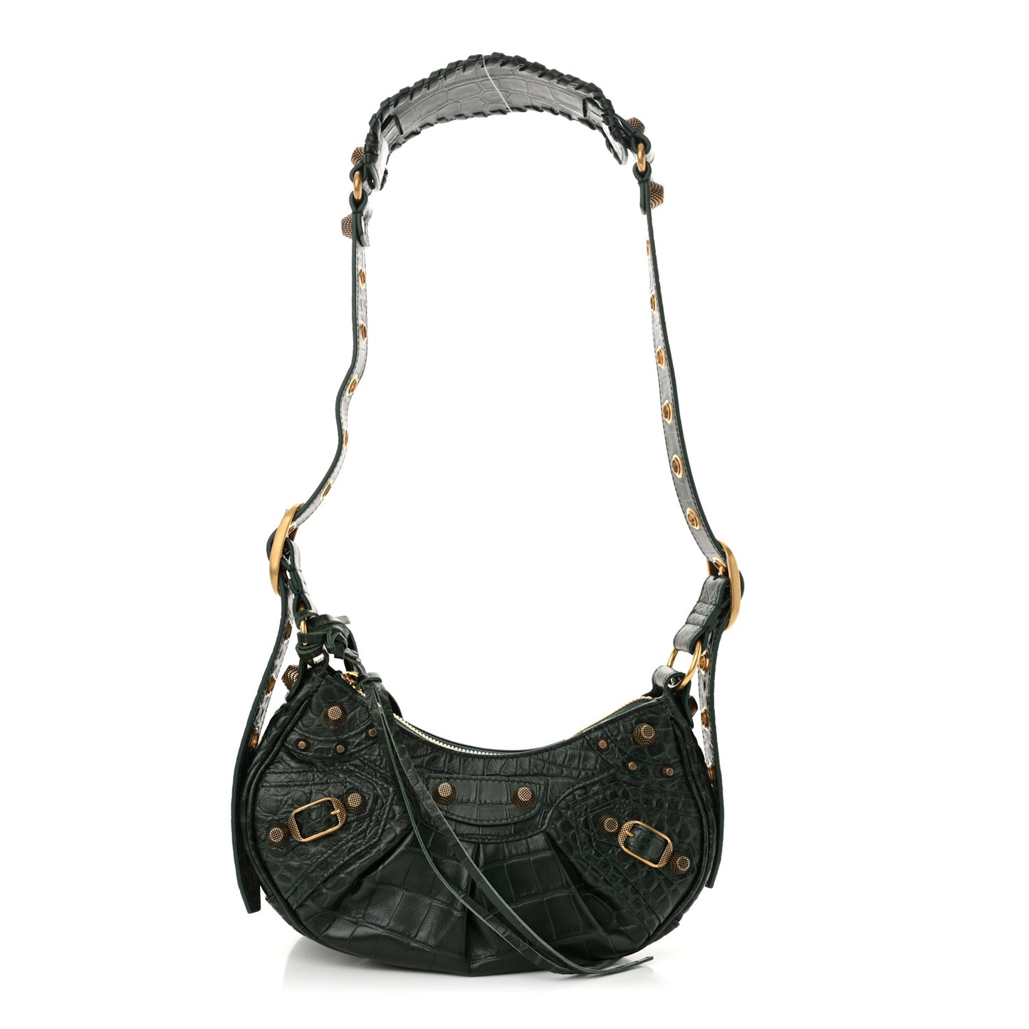 Extra Supple Calfskin Crocodile Embossed Le Cagole Shoulder Bag XS Forest Green